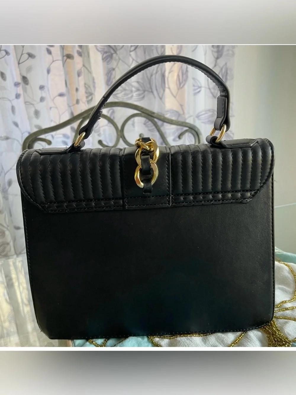 Badgley Mischka Black Quilted Satchel with Gold Chain and Logo